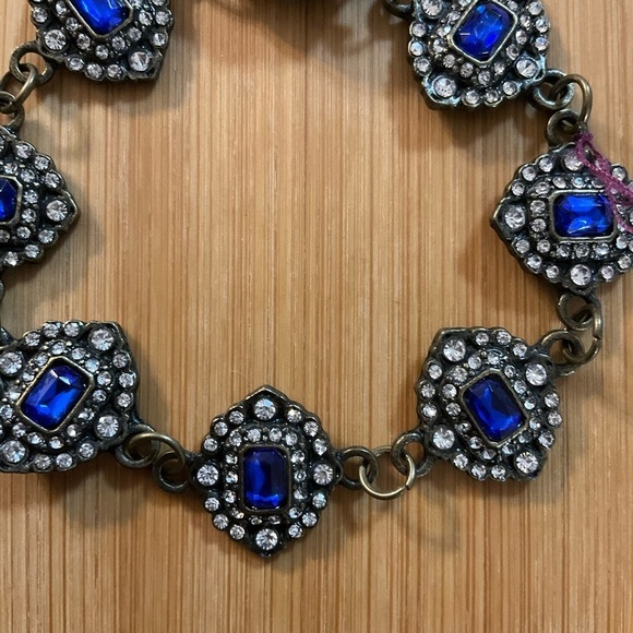 Hand Crafted Bracelet Blue Crystals Clear Rhinestones Bronze Magnetic Clasp - Picture 4 of 9